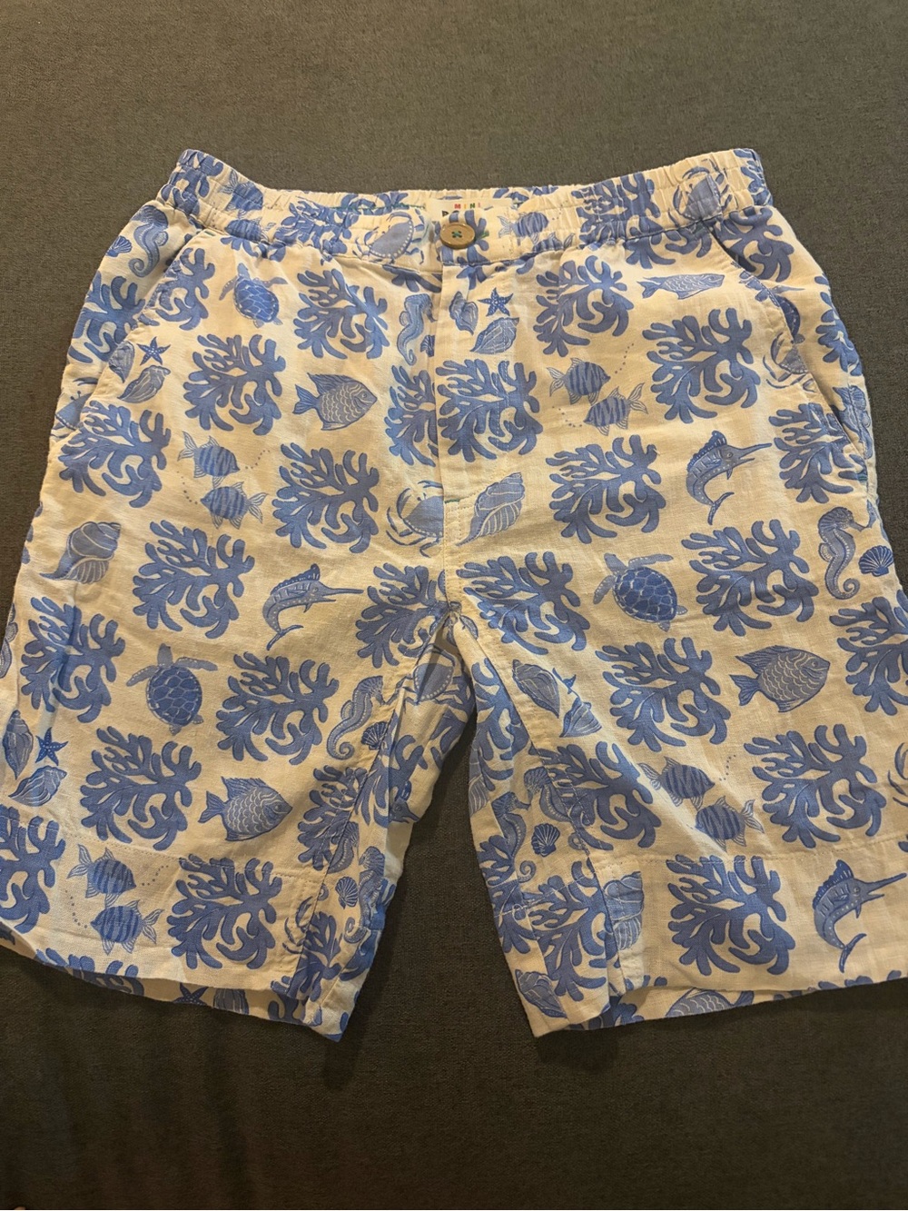 Mini Boden Blue & White Sea Life Print Linen Shorts